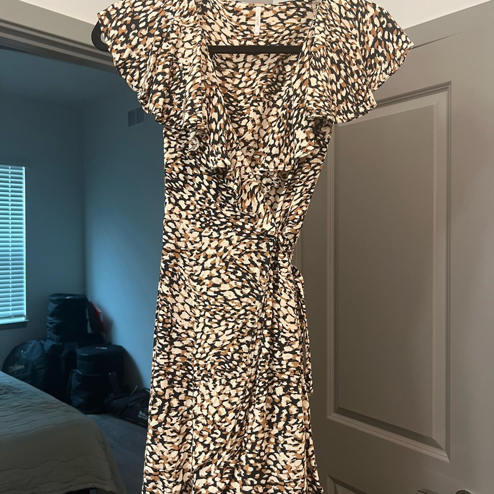 Free People Brown and Black Ruffled Wrap Midi Dress